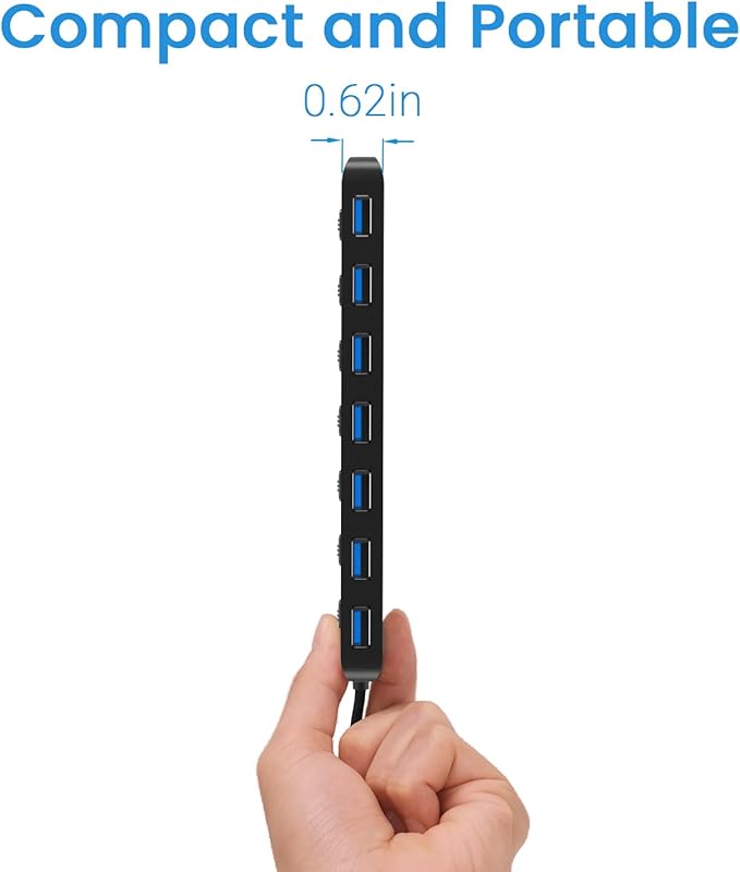 USB 3.0 Hub, atolla 7-Port USB Hub Splitter with Individual On/Off Switches and Lights, 3.28Ft Extended Cable, Suitable for Laptop, PC, MacBook, Keyboard, Mouse, Flash Drives ﻿