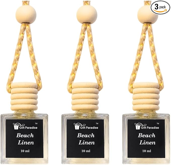 Beach Linen Car Freshener Set of 3 – Premium Hanging Air Fresheners with Velvet gift bag – Long Lasting Fresh Laundry & Ocean Breeze Scent for Cars, Closets & Small Spaces