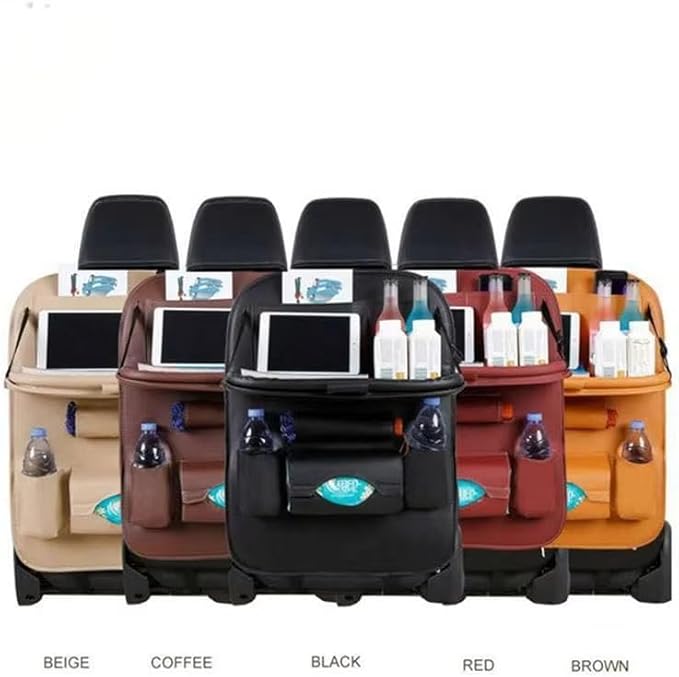 Luxury PU Leather Car Backseat Organizer with Foldable Table – Multi-Functional Car Seat Storage. Waterproof Travel Back Seat Organizer with Cup Holders, Tissue Box & Tablet Pocket (Beige)