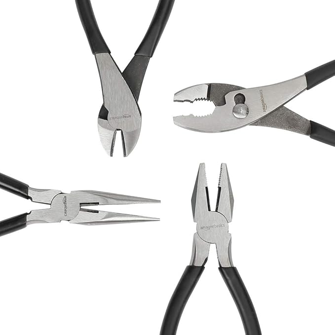 Amazon Basics Pliers Set, Hand Tools for Precision, Cutting Wire Cutter with Needle Nose and Diagonal, Quality Tool Set for Home Maintenance, Set of 4, Black and Silver