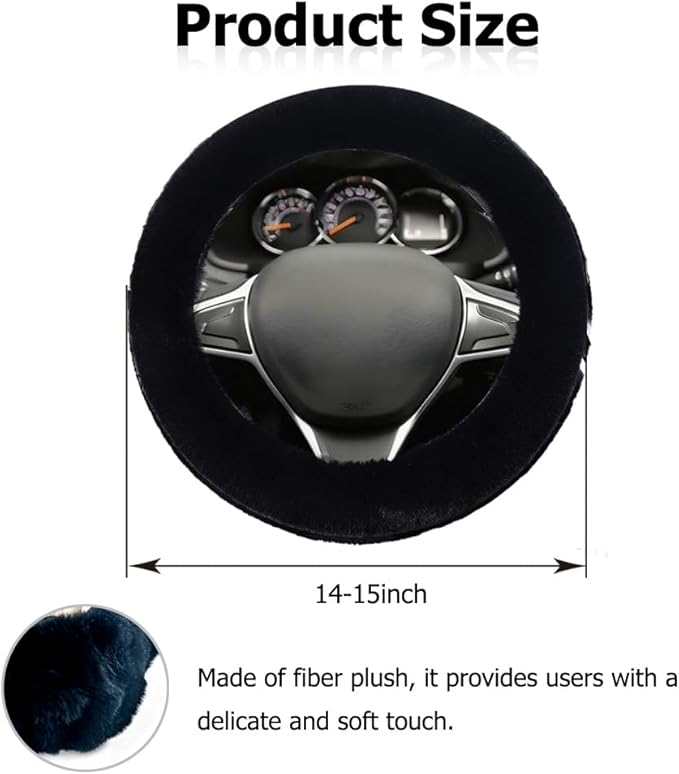 Fluffy Steering Wheel Cover, Winter Warm, Suitable for Most Car Steering Wheels in The 14-15 Inch Range(Black, 1PCS)