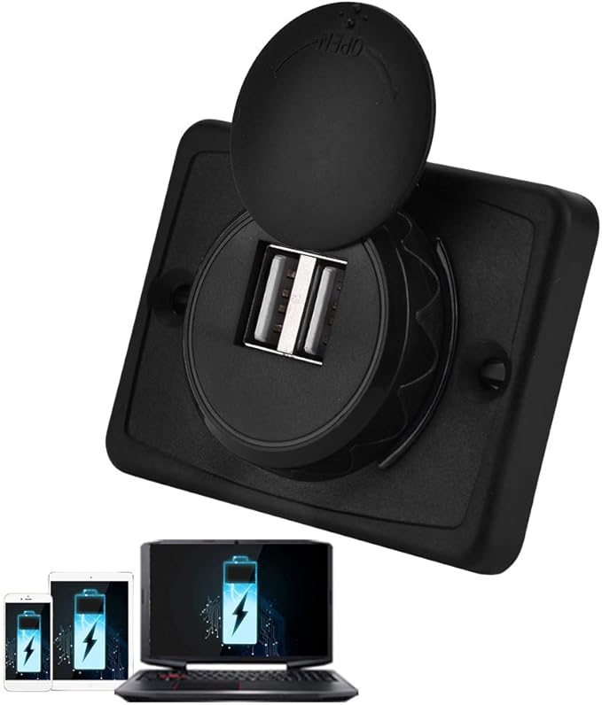 USB Car Charger, 12v 24v Mini Panel Dual Socket Power Adapter Outlet with Cap Quick Surface Mount Multi Device Charging for Cars Bus Boat Automotive Marine Truck Golf Cart Smartphone Laptop
