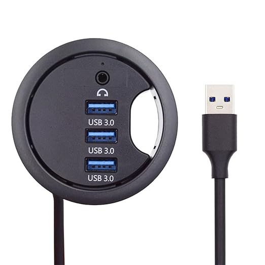 xiwai USB 3.0 Hub Splitter, Sound Card 3 Port USB Multiport Expander 60mm Desk Grommet Dock Station Headphone Mic Audio Interface for PC Desk Desktop