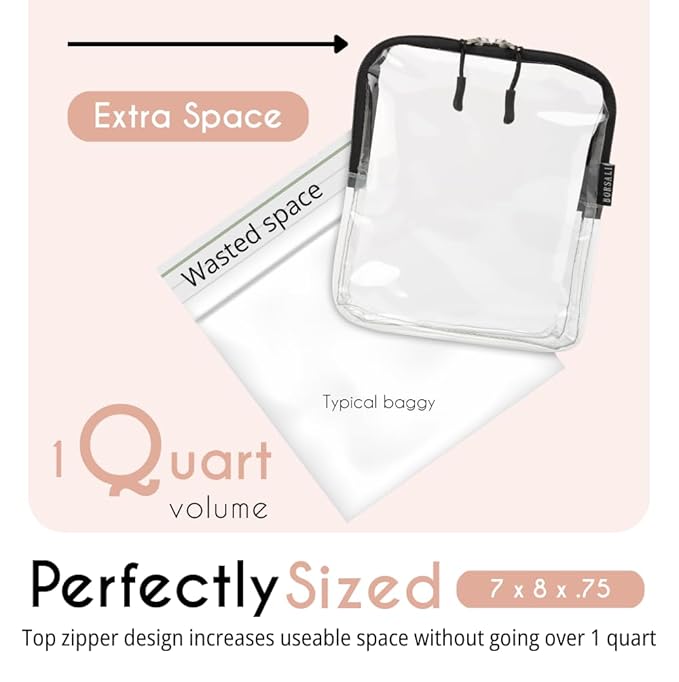 BORSALI TSA Approved Toiletry Bag - Clear Quart Size for 3-1-1 LIquids for Carry On Travel - Toiletries Organizer - Cosmetic Pouch with Zipper - Travel Accessories