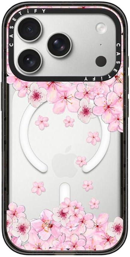 CASETiFY Impact iPhone 17 Pro Case [Slim/Compatible with Magsafe / 8.2 ft. 4X Military Grade Drop Protection] - Sakura Cherry Saturday - Clear Black