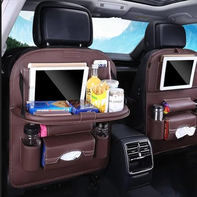 Luxury PU Leather Car Backseat Organizer with Foldable Table – Multi-Functional Car Seat Storage. Waterproof Travel Back Seat Organizer with Cup Holders, Tissue Box & Tablet Pocket (Beige)