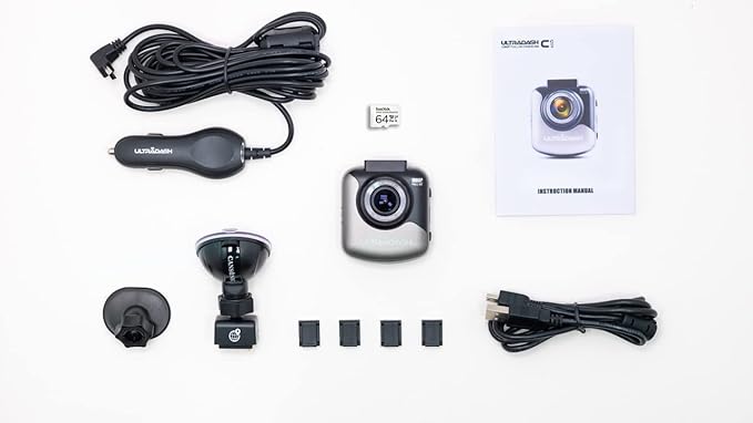 Dash Cam UltraDash C1 GPS + 64GB High Endurance Micro SD Card Bundle - Magnetic Charging Mount, HDR High-end Night Image Sensor, F1.8 140 Degree Wide Angle Lens, G-Sensor, 2" LCD, Super Capacitor