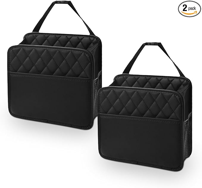 LAINLOY Foldable Car Seat Back Organizer, Large Capacity Hanging Car Backseat Storage Bag with Cup Holders, PU Leather Waterproof Car Trash Bag Can, Car Travel Accessories for Most Vehicles (2)