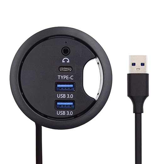 Xiwai USB 3.0 Hub Splitter, Sound Card USB-C 2 Port USB Multiport Expander High Speed Type C Data Port 60mm Desk Grommet Dock Station Headphone Mic Audio Interface for PC Desk Desktop