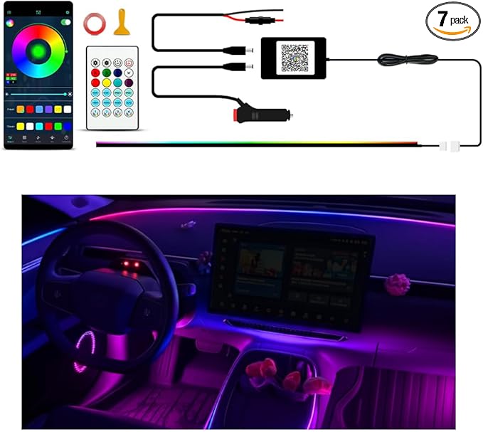 Ambient Lighting Car Led Lights Interior Kit with Wireless APP,43.3 inches Dream Color Acrylic Led Strips Lights for Car, 12V Fiber Optic Music Sync Neon Center Console Dashboard Interior Lights