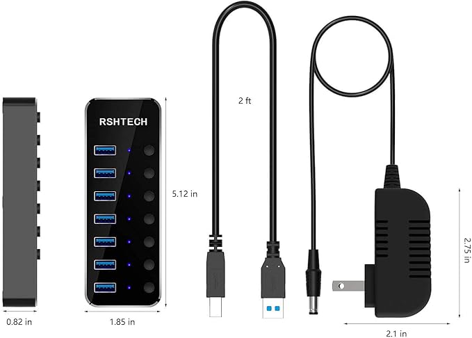 Powered USB Hub RSHTECH Type C to 7 Port USB 3.0 Data Port Hub Expander Aluminum Portable Splitter with Universal 5V AC Adapter and Individual On/Off Switches for Laptop and PC(Black)
