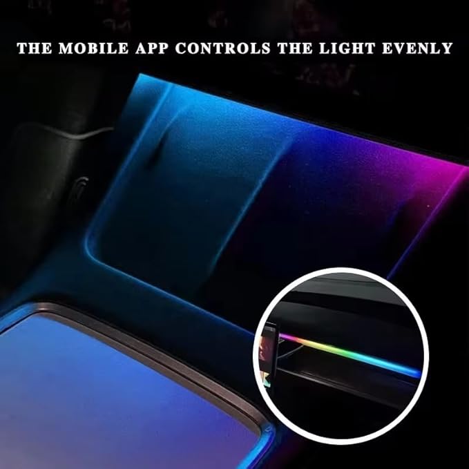 Interior Neon Lights for Tesla Model Y/3, Dreamcolor Acrylic Interior Car LED Strip Light for Tesla, Dynamic Chasing Music Sync Neon Ambient Lighting Kits for Tesla Model Y/3 (1 Strip Set B)