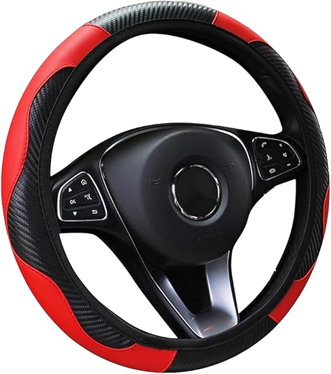 Car Steering Wheel Cover, 15 inch Carbon Fiber Microfiber Anti-Slip Breathable PU Leather Elastic Steering Wheel Protector, Car Interior Accessories for Most Cars (Red)