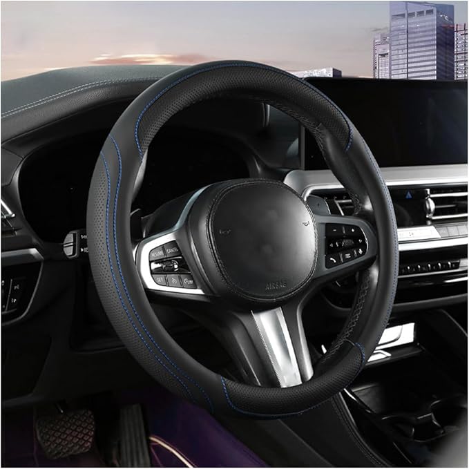 HZEL Car Steering Wheel Cover, 15 Inch Leather Comfortable Vehicle Steering Wheel Protector with Inner Rring, Anti-Slip Automotive Interior Accessories, Universal for SUV RV Truck (Black/Blue)