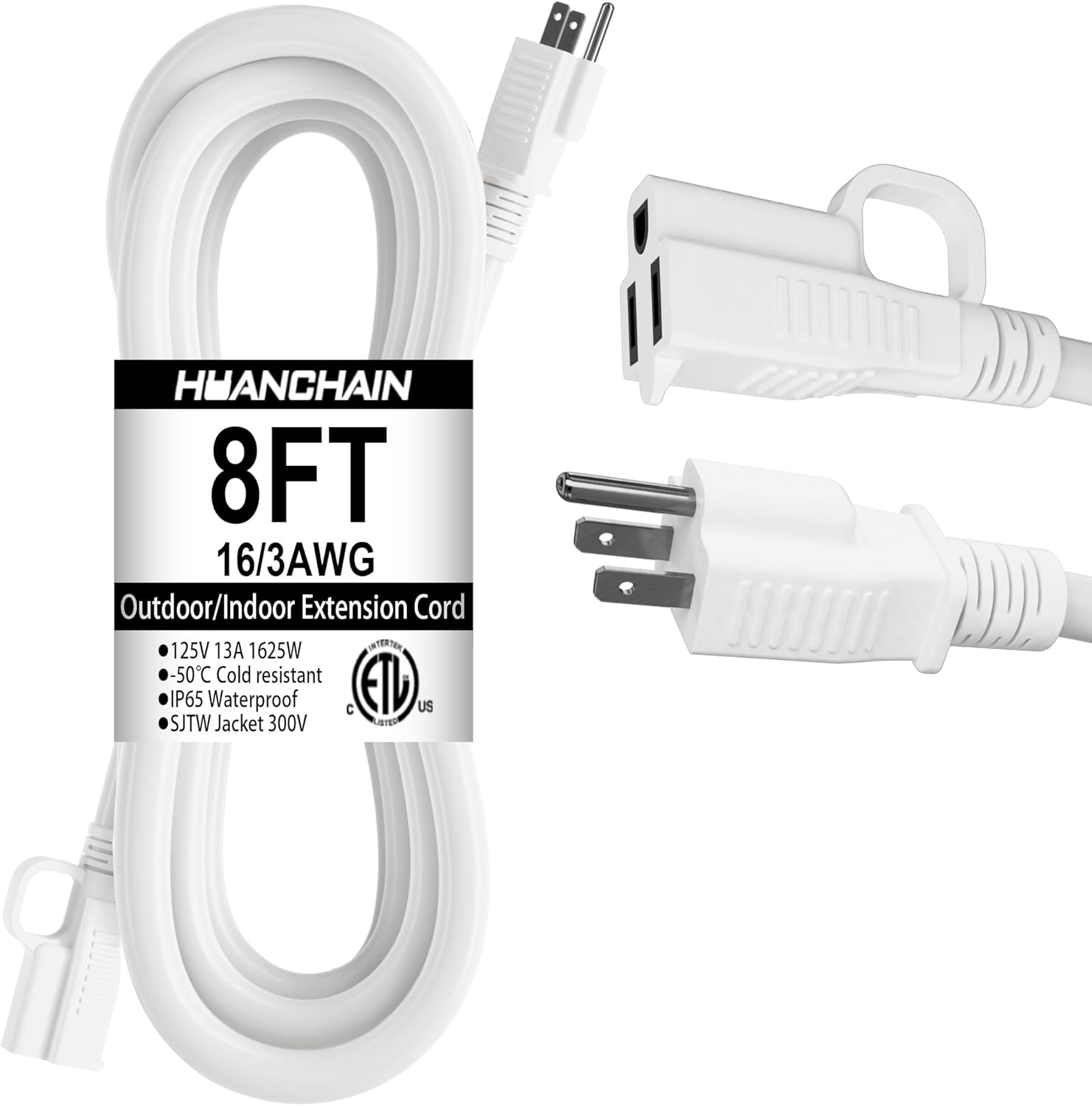 HUANCHAIN Indoor Outdoor White Extension Cord 8 ft Waterproof, 16/3 Gauge Flexible Cold-Resistant Appliance Extension Cord Outside, 13A 1625W 16AWG SJTW, 3 Prong Heavy Duty Electric Cable, ETL
