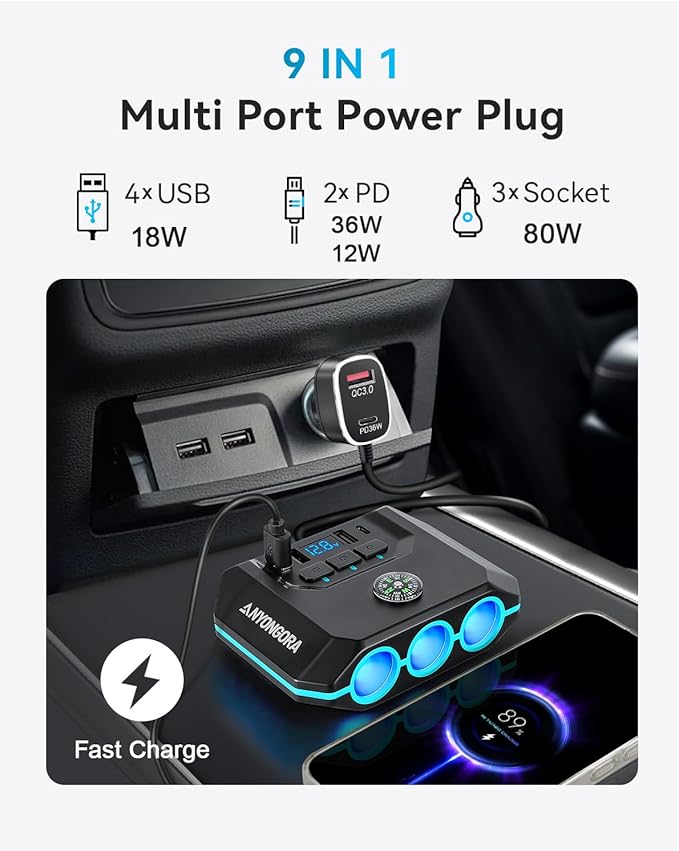 Anyongora 9-in-1 Cigarette Lighter Splitter, 156W Car Charger Adapter with PD 36W & QC 3.0, 3 Sockets with Independent Switches, 6 USB Ports, LED Voltage Display, UL Certified, Includes Spare Fuse