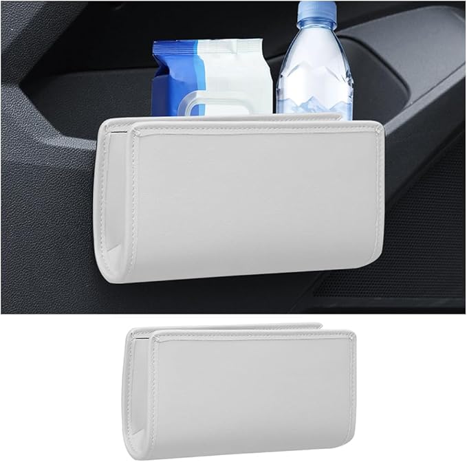Car Seat Side Storage Pocket, Leather Hanging Foldable Multifunctional Vehicle Front Door Back Organizer Box, Waterproof Auto Interior Organizing Container, Universal fit(White)