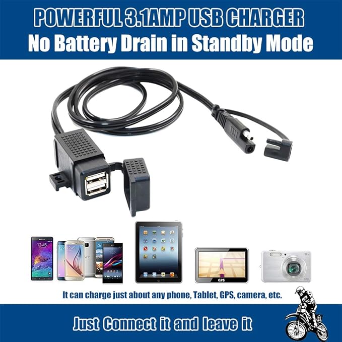 MOTOPOWER MP0609C 3.1Amp Waterproof Motorcycle Dual USB Charger Kit SAE to USB Adapter Cable Phone Tablet GPS Charger