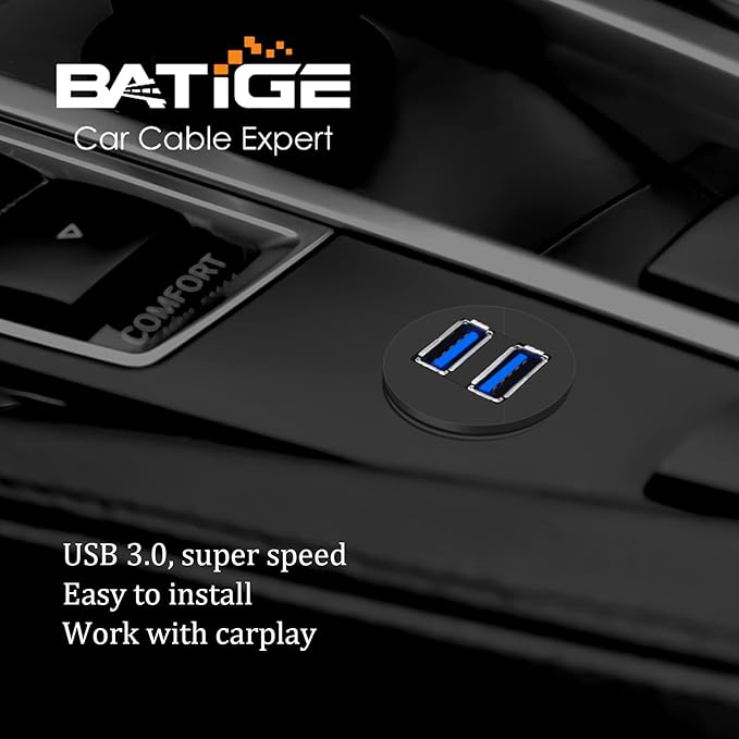 BATIGE 2 Ports Dual USB 3.0 Male to USB 3.0 Female AUX Flush Mount Car Mount Extension Cable for Car Truck Boat Motorcycle Dashboard Panel -6ft