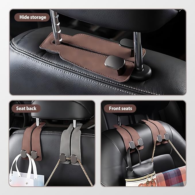 Car Seat Back Storage Hook, 2026 New Two Hook Fur Leather Seat Back Headrest Hanger Genuine Leather Double Metal Hook for Backseat Organizer, Car Organization Accessories (2, Gray)