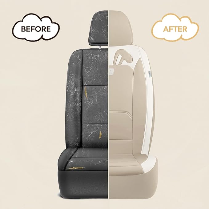 PIC AUTO Car Seat Covers, Cute Rabbit Premium Beige Leather Seat Covers, Universal Fit Front Seat Covers for Cars, Trucks, SUVs, Soft & Wear-Resistant Auto Interior Protection with Airbag-Compatible