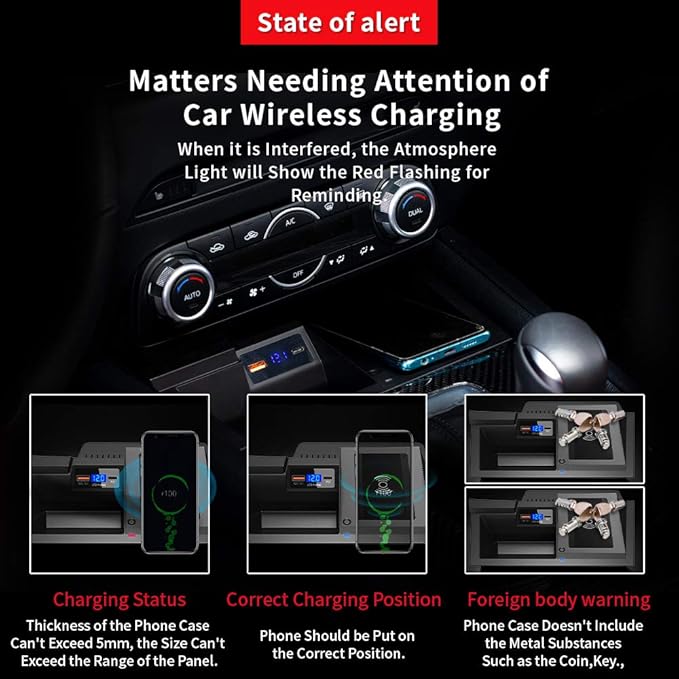 CX-5 Wireless Charger Custom fit for Mazda CX5 2017-2025,15W Qi Fast Charging Central Control Storage with USB Port QC 3.0 36W Individual Control Wireless Charging Station