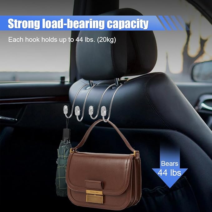 2PCS Car Headrest Hook Hangers, Bling Stainless Steel Car Backseat Holder, Strong Car Headrest Storage Hooks, Universal Car Organizers Accessories for Coats Umbrellas Grocery Handbags (White)
