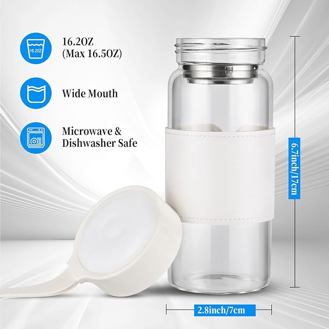 Small Glass Shaker Bottle, 2 Pack 16oz BPA Free Odorless Shaker Bottle with 304SS Mixing Ball and Removable Cleaning Brush for Fitness & Protein Shakes(White-2Pack)