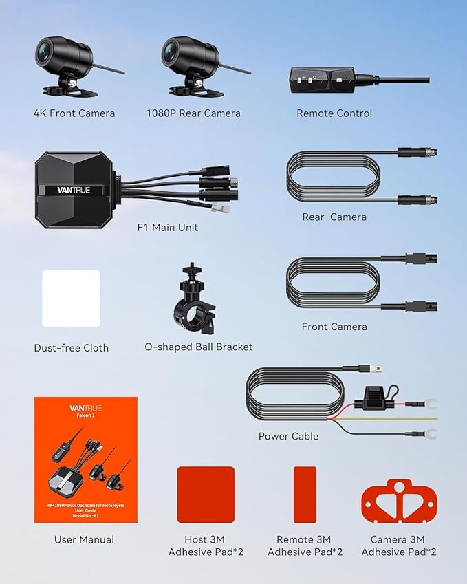 Vantrue F1 Motorcycle 4K Dash Cam Front and Rear, 4K + 1080P Motorcycle Camera, Full Body IP67 Waterproof, GPS Wi-Fi, 160° Wide Angle, Wired Remote, Night Vision, G-Sensor, Parking Mode, Support 512GB