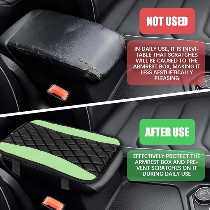 Car Center Console Cushion Pad, Arm Rest Covers, 12.6"×7.5" Leather Waterproof Auto Armrest Seat Box Protector, Auto Comfortable Center Console Cover Universal for Most Vehicles (Green)