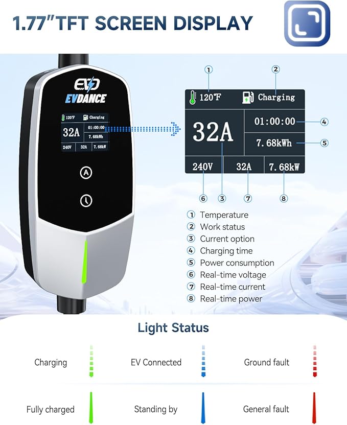 EVDANCE Level 2 EV Charger - Portable 32A EV Chargers NEMA 14-50 with 25ft Cable, Adjustable Current/Delay Charging for Electric Car Charger