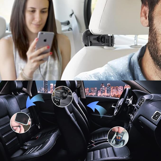 OHLPRO Retractable Backseat Car Charger [2 Pack], 3-in-1 Multi Car Charging Station with USB-C/USB-i/Micro-USB, 15W Fast Charging for iPhone, Samsung, Android, Headrest Mount for Uber Taxi Rideshare
