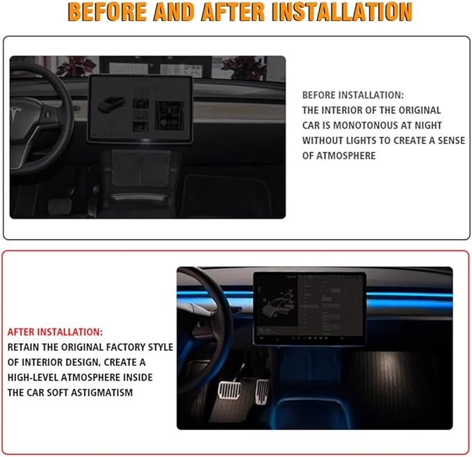 Interior Car LED Strip Lights for Tesla Model 3 Y 2021-2023, Plug-and-Play, 4 Footwell Light Ambient Light with Human Sensor, Center Console Dashboard Inside Car Lighting Decorations