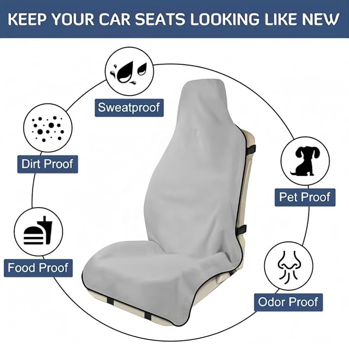 Car Seat Cover, Premium Auto Seat Towel Fit Cars SUV Trucks, Ideal Gift for Active People Who Work Sweat Swim Run Beach, Grey