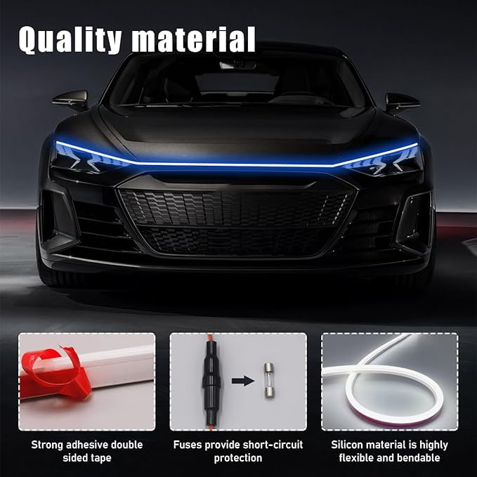 Ohleats 71 Inch Car Hood Light Strip, Exterior Flexible Daytime LED Running Light, Waterproof Auto LED Strip Light with Dynamic Scan Start-up Effect, Car Accessories for SUV Truck (Blue)