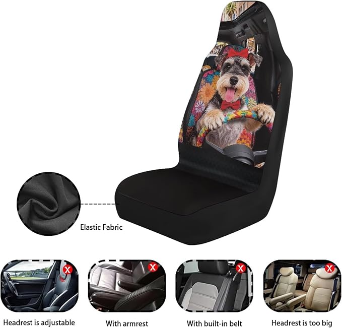 Schnauzer Front Car Seat Cover Comfortable Cute Automobile Front Seat Covers Stretch Polyester Fabric Cover Easy to Install and Clean Universal Fit for Cars SUV Sedans