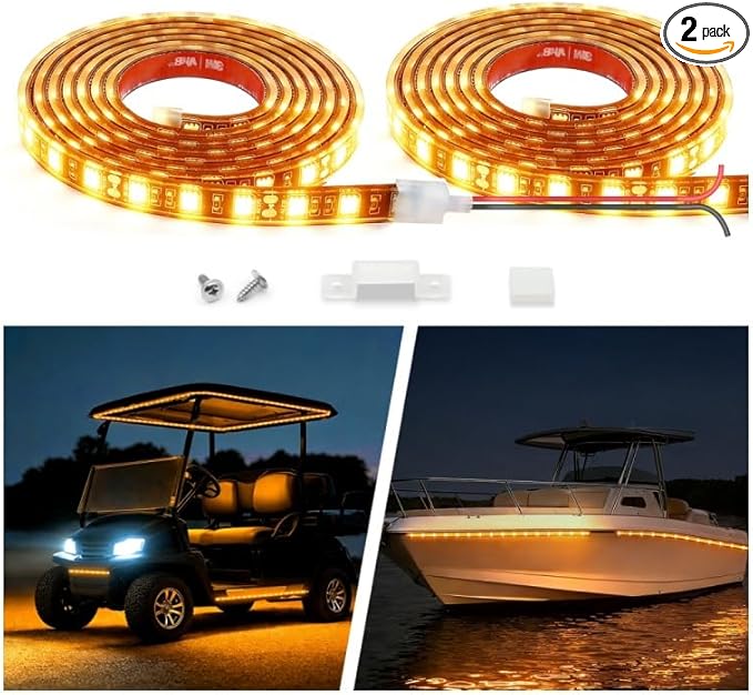 12V Marine Boat LED Light Strip Super Bright, 2 Pack 6.56FT IP68 Fully Waterproof RV Front Cap Lights, Golf Cart Underglow Roof Lights Strip for Truck ATV UTV SUV Car Pickup Trailer, Cuttable, Amber