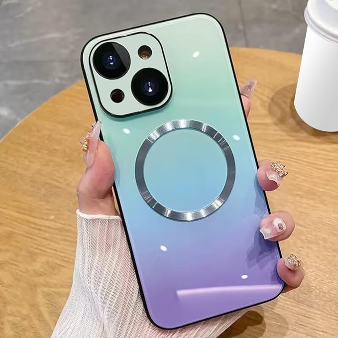 Guppy Compatible with iPhone 15 Case Magnetic, with Full Camera Lens Protector [Compatible with MagSafe] Scratch Resistant Gradient Glass Back Cover Phone Case-Blue