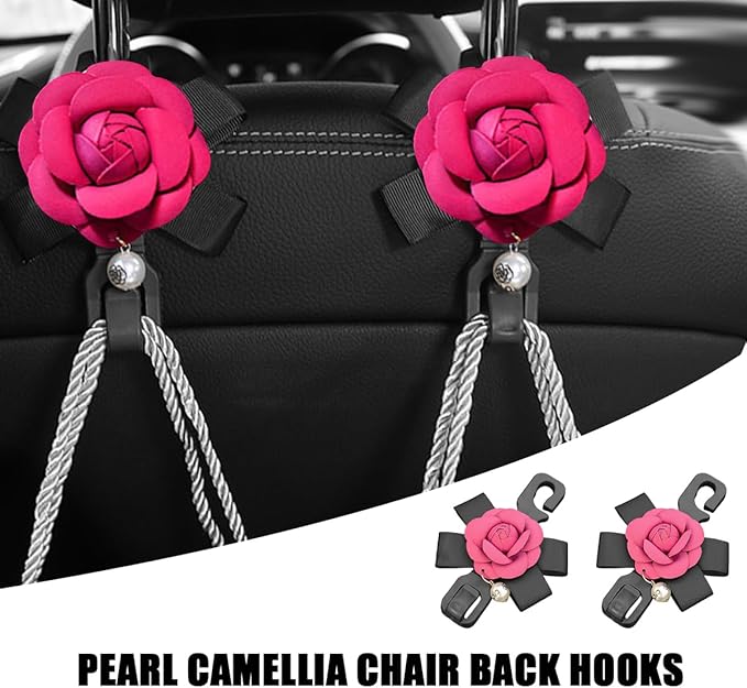 Car Seat Headrest Hook, 2PCS Cute Flower Vehicle Backseat Organizer Hanger for Purse Grocery Bag Coat, Auto Interior Hanging Decor Accessories, Universal for SUV Sedan Truck (Red)