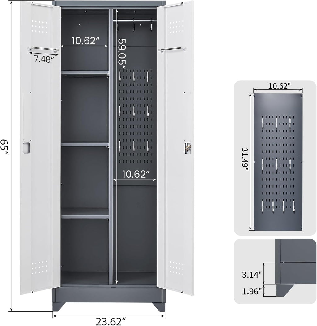 GREATMEET 65" Garage Storage Cabinet, Broom Closet Storage Cabinet, Metal Cabinets with Doors and Shelves, Utility Closet for Brooms and Mops, Utility Cabinets for Storage, Grey&White