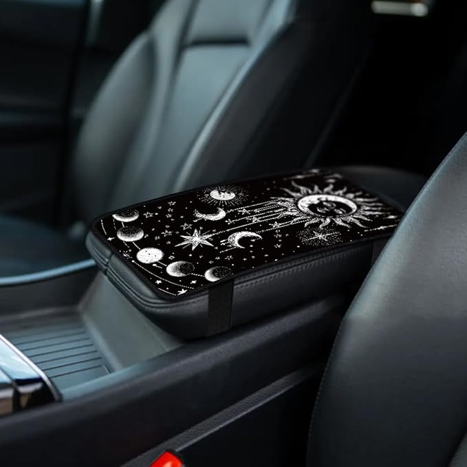 1pc Center Console Armrest Cover Pad 12.6x7.5 inch Sun Moon Star Neoprene Car Armrest Cushion Waterproof Armrests Seat Box Cover Protector for Universal Cars Vehicles SUVs