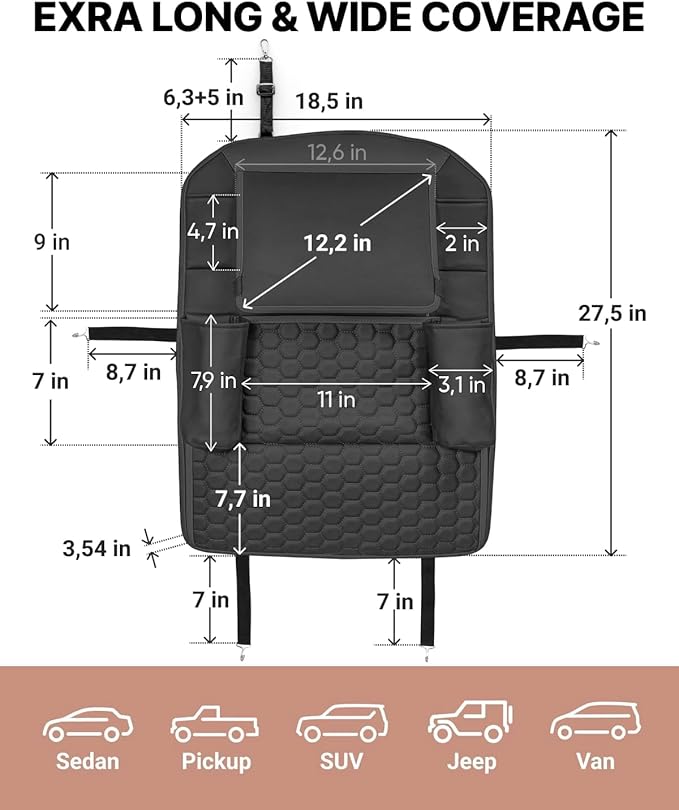 Owleys Back of Seat Organizer for Kids with Transparent Tablet Pocket & 8 Compartments | 27.5"x18.5" | Black Travel Accessory for SUV, Truck, Sedan, Van, Jeep