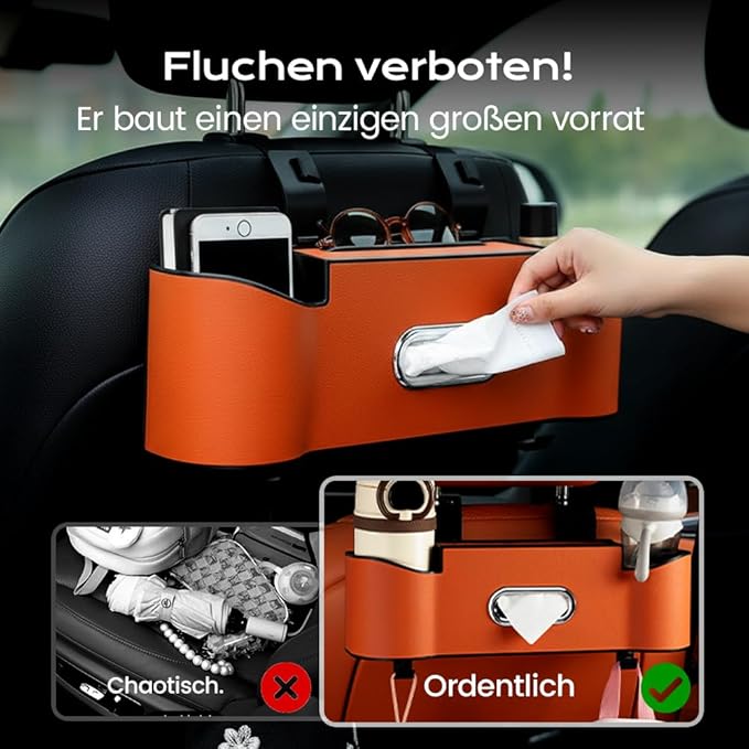 3-in-1 Car Backseat Organizer, 2026 New Multifunctional Back Seat Car Organizer with Cup Holder, Tissue Box, Trash Bin & Hooks for Hold Phones, Snacks, Drinks, Handbags (2, Orange)