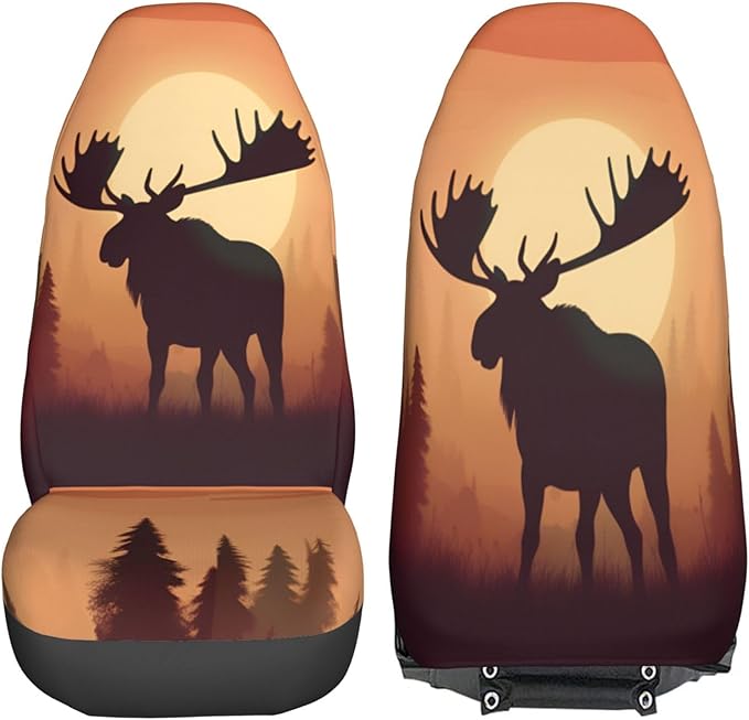 Delerain Car Seat Covers Set 2Pcs, Fall Sunset Wild Moose Universal Front Car Seats Vehicle Enterior Protector Suitable Fits Most Car Auto SUV Sedan Truck