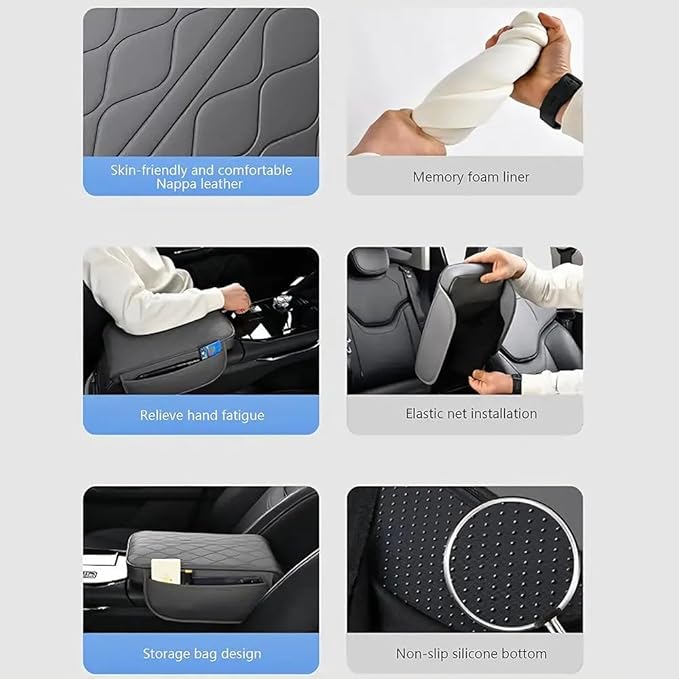Car Center Console Cushion for Chevrolet City Express 2015-2018, Nappa Leather Memory Foam Armrest Cover with Side Storage Pockets, Auto Elbow Support Pad 1pc,Black