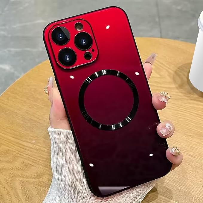 Guppy Compatible with iPhone 15 Pro Max Case Magnetic, with Full Camera Lens Protector [Compatible with MagSafe] Scratch Resistant Gradient Glass Back Cover Phone Case-Red