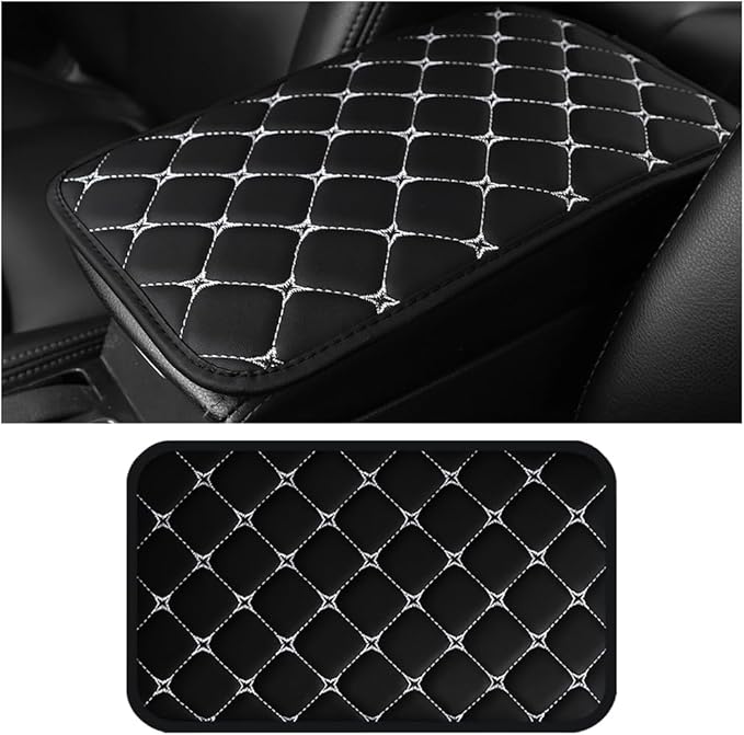 HZEL Car Center Console Cushion Pad, PU Leather Vehicle Armrest Protection Cover, Waterproof Automotive Interior Arm Rest Seat Box Mat Accessories, Universal for SUV, Sedan, Truck (Black/White)