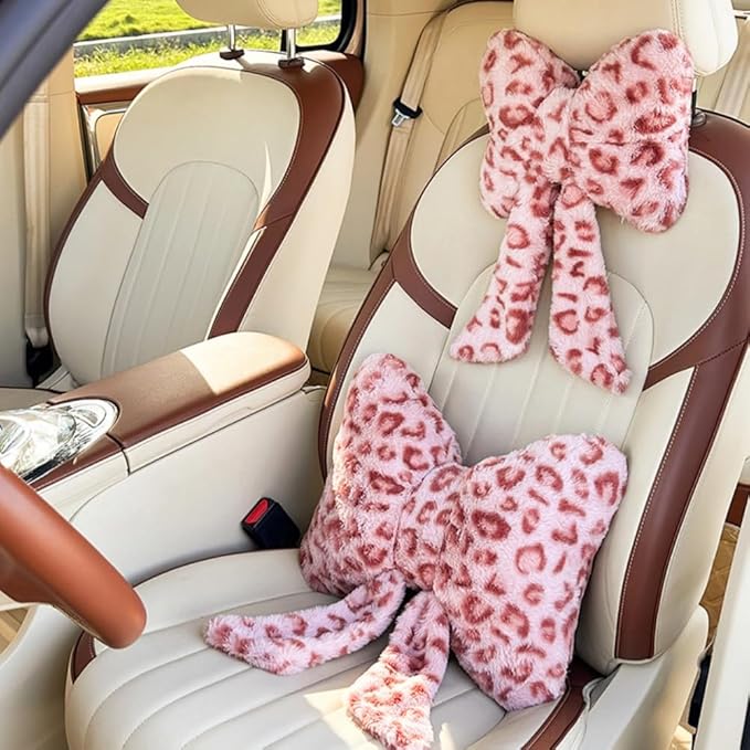 LYFJMUS 4 Pack Plush Bow Car Headrest Pillow and Lumbar Support Pillow Soft Butterfly Car Neck Pillows for Driving Cars Decor (White Leopard)