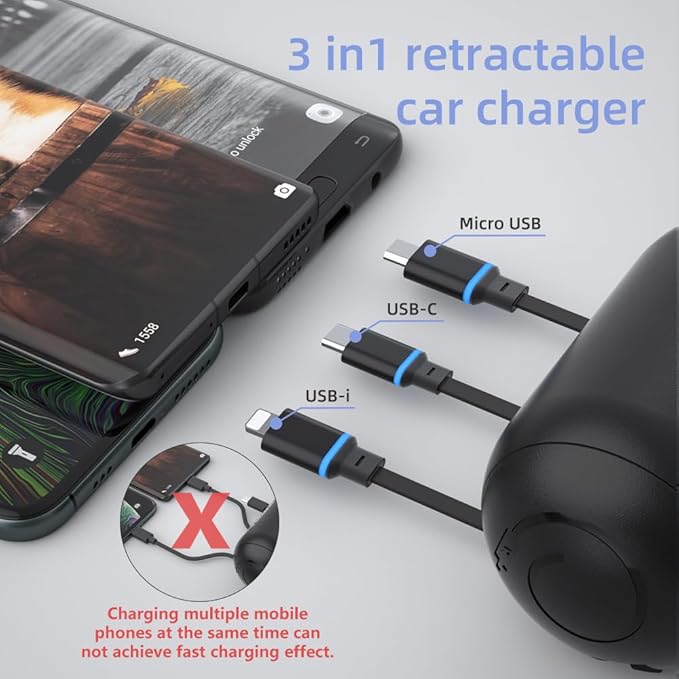 OHLPRO Retractable Backseat Car Charger [2 Pack], 3-in-1 Multi Car Charging Station with USB-C/USB-i/Micro-USB, 15W Fast Charging for iPhone, Samsung, Android, Headrest Mount for Uber Taxi Rideshare