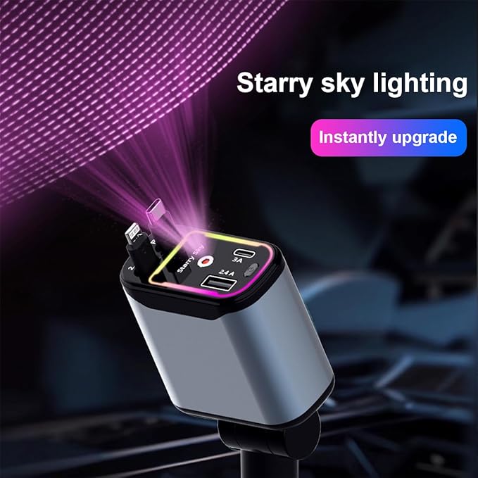 Car Charger with Starrylight, 4 in 1 Retractable Type C USB Ports 120W Fast Charging Adapter for Phones, Tablets, Multifunctional Auto Accessories, Universal for Vehicles